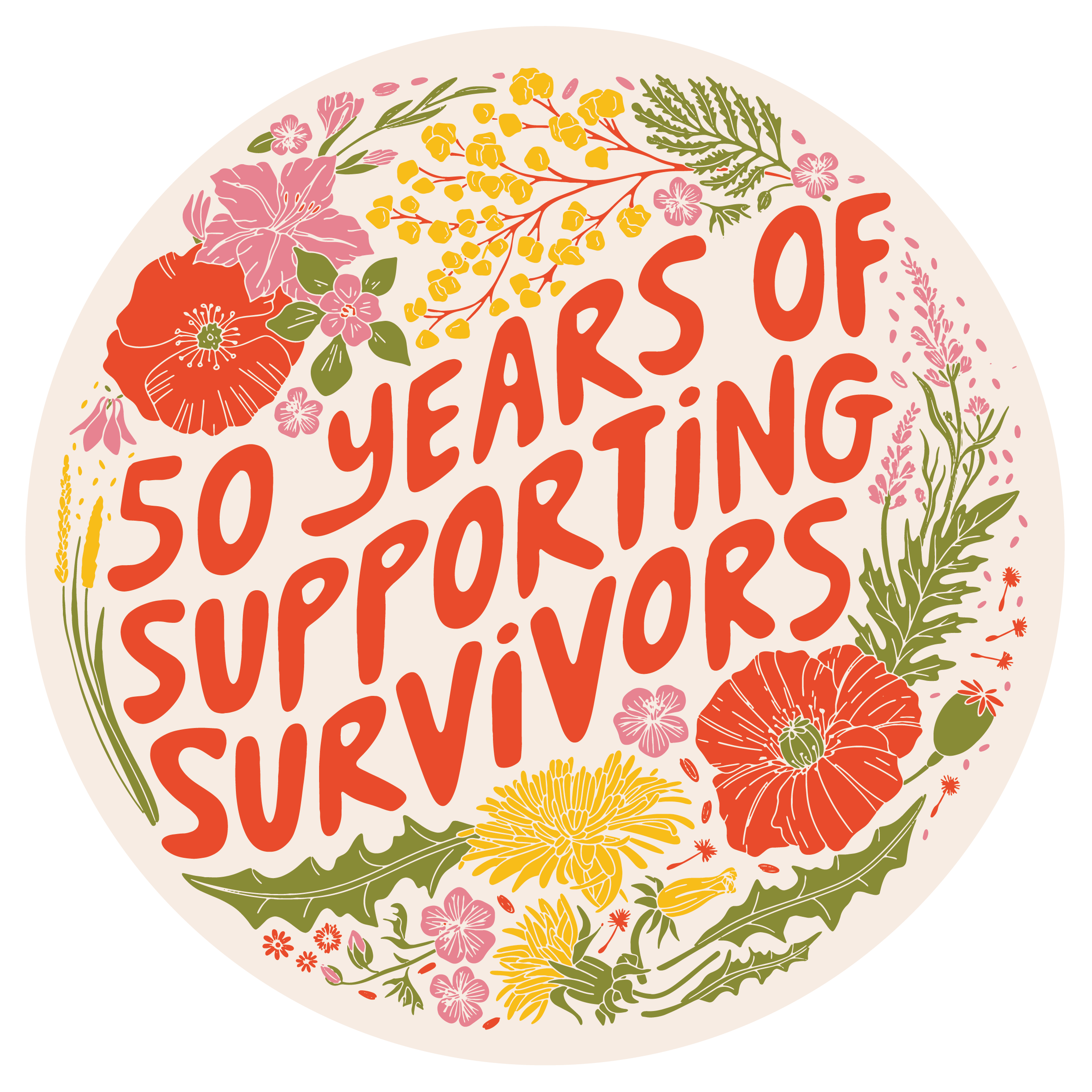 70s inspired colour palette with the words 50 years of supporting survivors surrounded by flowers which symbolise strength and resilience