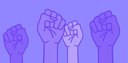 A purple tinted illustration showing four fists raised up in the air.