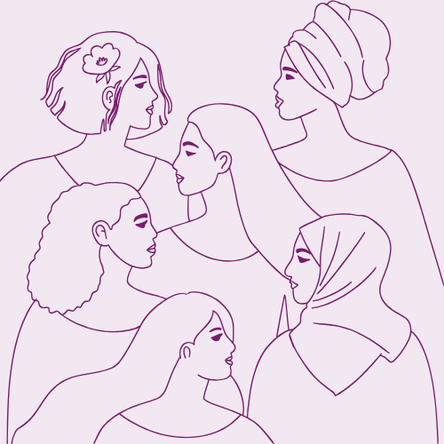 A line drawing of a group of women of different ethnicities.