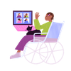 Illustration of a woman in a wheelchair charring on video call to four other women. On her lap is a little cat.
