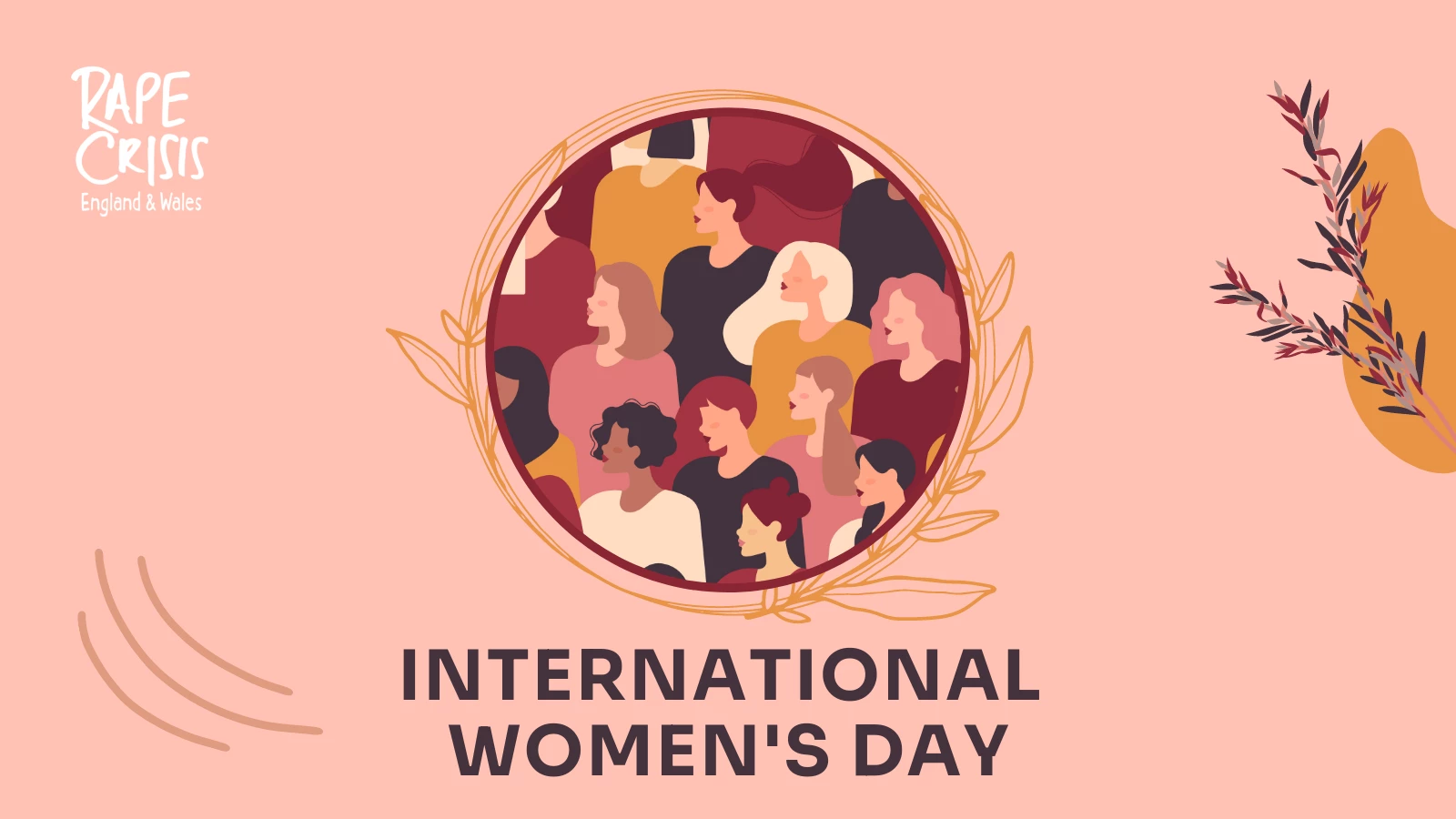 Illustrated women are drawn in a circle all looking to the right. The image has a blush pink background with 'International Women's Day' written underneath the illustrated women.