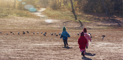 Three children run outside towards the woods. There are birds on the floor and the sun is shining.
