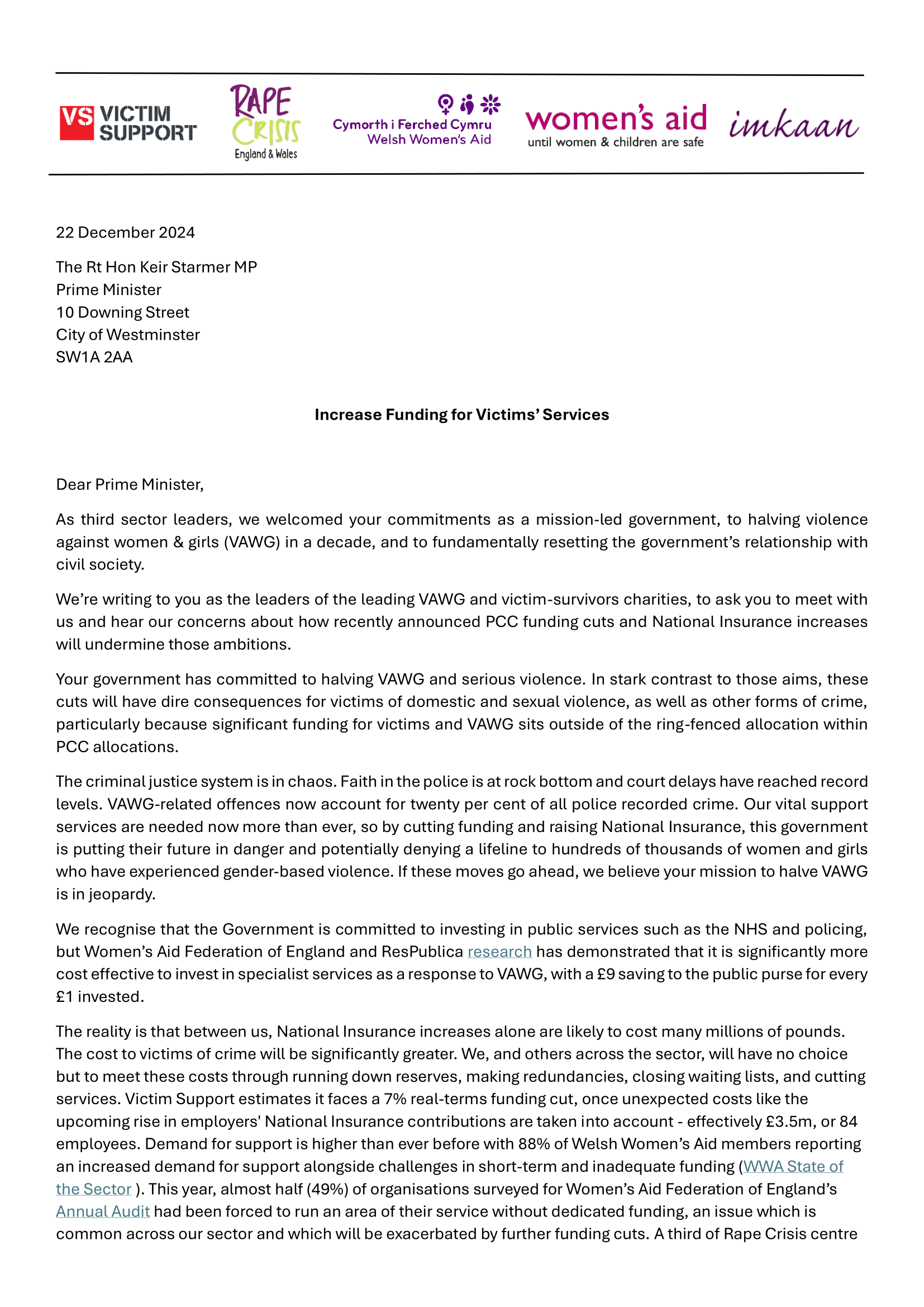 Page one of our joint letter to Prime Minister Keir Starmer about the impact of National Insurance increases and funding cuts on our vital services.