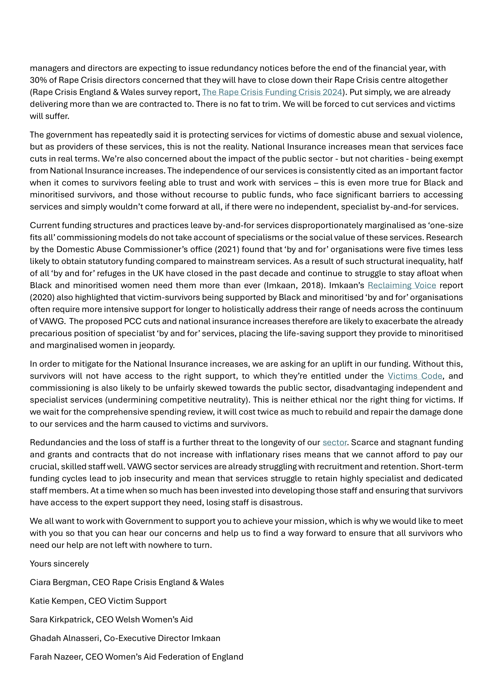 Page two of our joint letter to Prime Minister Keir Starmer about the impact of National Insurance increases and funding cuts on our vital services.