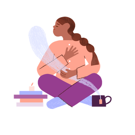 Illustration of a woman sitting with her hand on her chest and stomach, practicing breathing to reduce anxiety. There is a hot drink, some books and a candle around her.