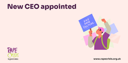 A graphic with text saying new CEO appointed, alongside an illustration of a woman holding a placard that says end rape culture.