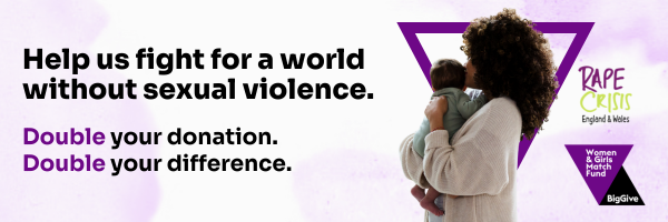 Text reads: Help us fight for a world without sexual violence. Image of a woman holding a baby.